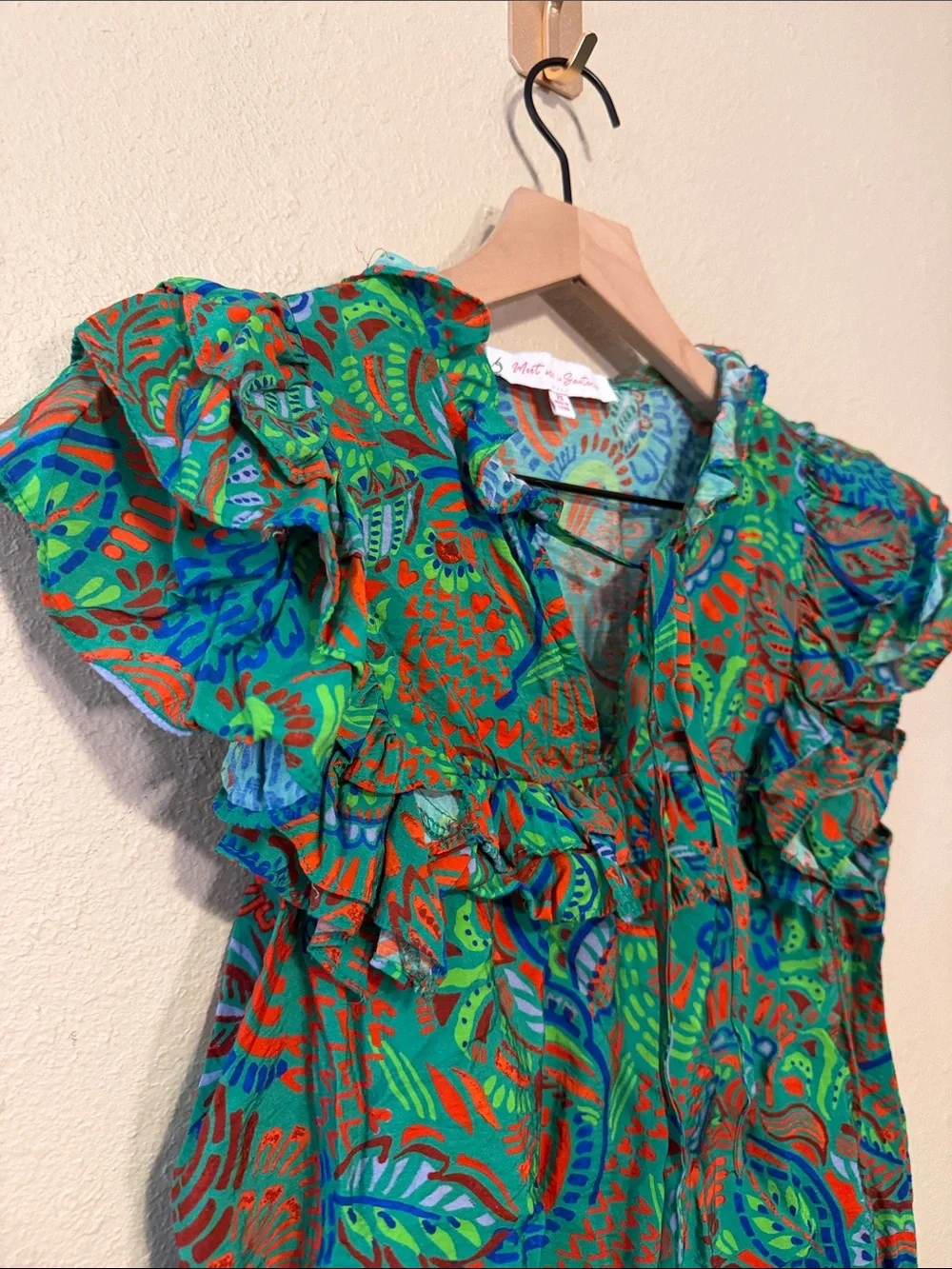 Meet Me In Santorini Floral Ruffle Blouse in Green and Blue Size XS
